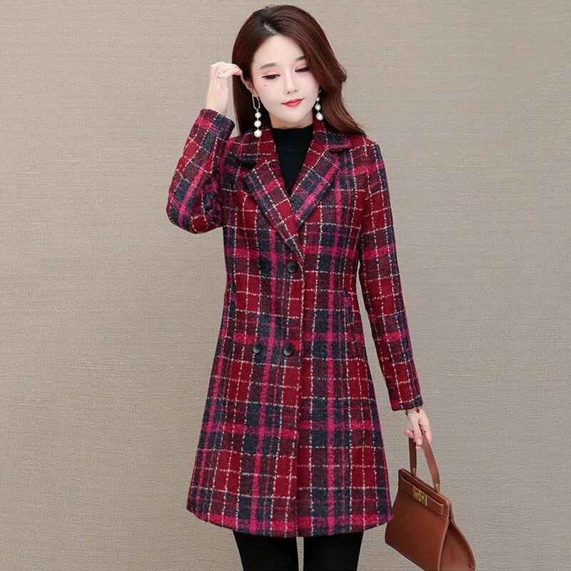 Vrouwen Wollen Jas Mid-Lengte Dubbele-Breasted Slim Plaid Jas Herfst Blended Tweed Wollen Doek bovenkleding Vrouwelijke: Red / Xxxl