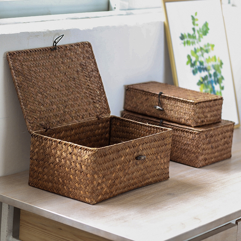 Cesta de almacenamiento tejida con tapa, cestas de almacenamiento de algas marinas para el hogar, cajas de juguetes para artículos diversos a prueba de polvo, organizador, decoración del hogar