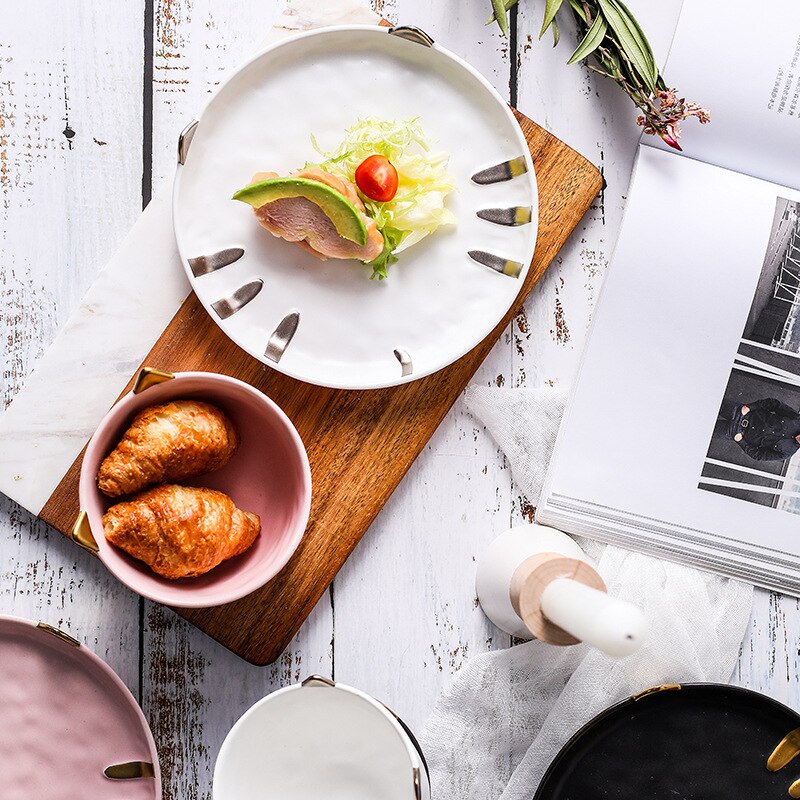 Cat Gold/Silver Inlay Ceramic Dinnerware Breakfast Plate Salad Bowl Fruit Snack Dish Restaurant Coffee Mugs Matte Tumbler