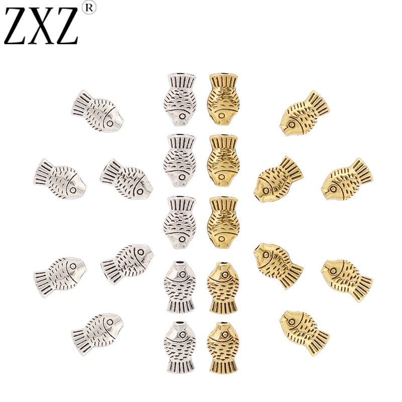 ZXZ 100pcs Gold Tone 3D Fish Spacer Beads Charms for DIY Bracelet Necklace Jewelry Making Findings 9x5mm