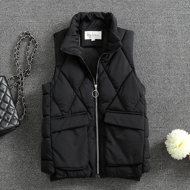 Chaleco con cremallera para mujer, chaqueta sin mangas con cuello levantado, color negro, para otoño e invierno,