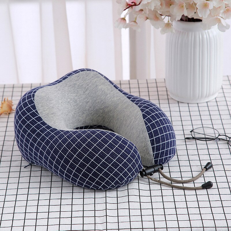 Almohada con relleno de espuma viscoelástica para el cuello, cojín magnético en forma de U para viajes, oficina, almuerzo, Coche: dark blue grid
