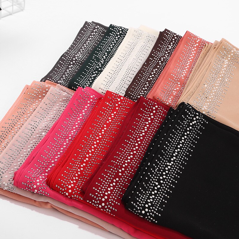 Bubbles Chiffon Scarf With Diamond Women Muslim Solid Color hijab Scarf Female Scarf Shawl Bead Wrap Muslim Hijabs