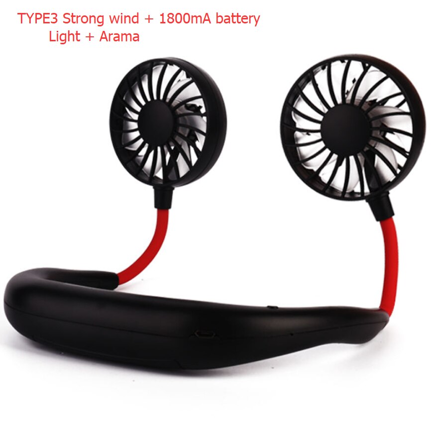 Mini USB Portable Fan Neck Fan Neckband With Rechargeable Battery Small Desk Fans handheld Air Cooler Light and Arama: Type3 Black