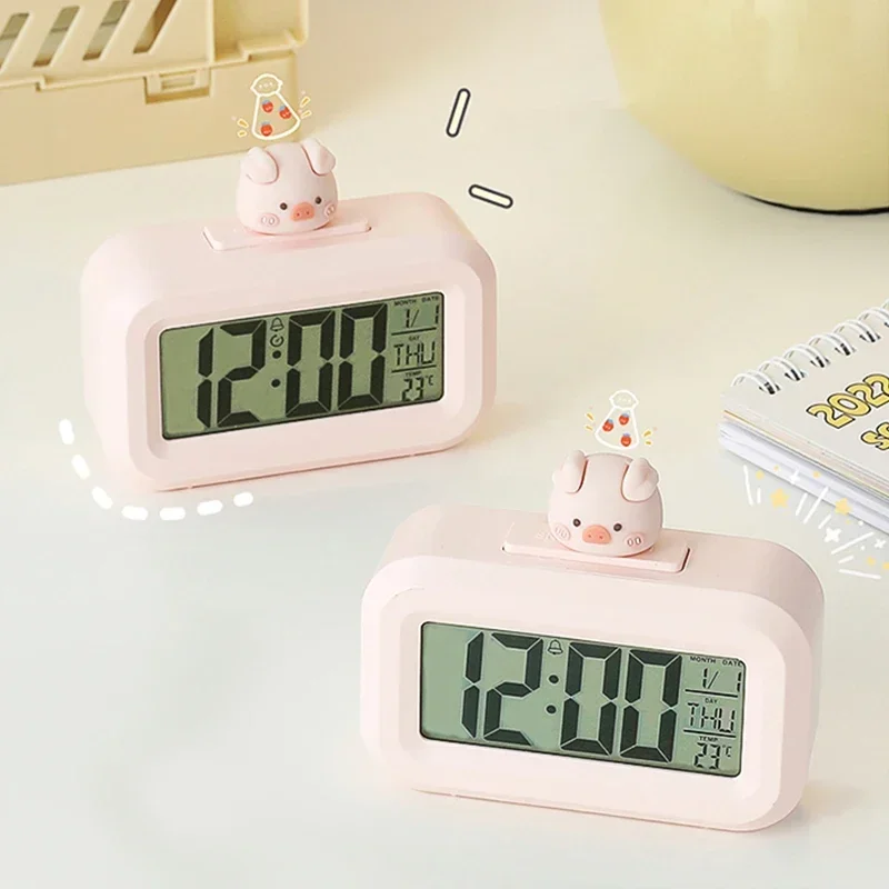 LED Digital Clock Cute Kawaii Rome Decor Cartoon Pig Alarm Clock with Night Light Room Cute Watch Bedroom Bedside Ornaments