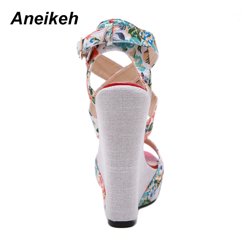 Aneikeh Vrouwen Wiggen Sandalen Zomer Platform Sandalen Hoge Hakken Schoenen Enkelbandje Print Schoeisel Dames Sandalen Pompen