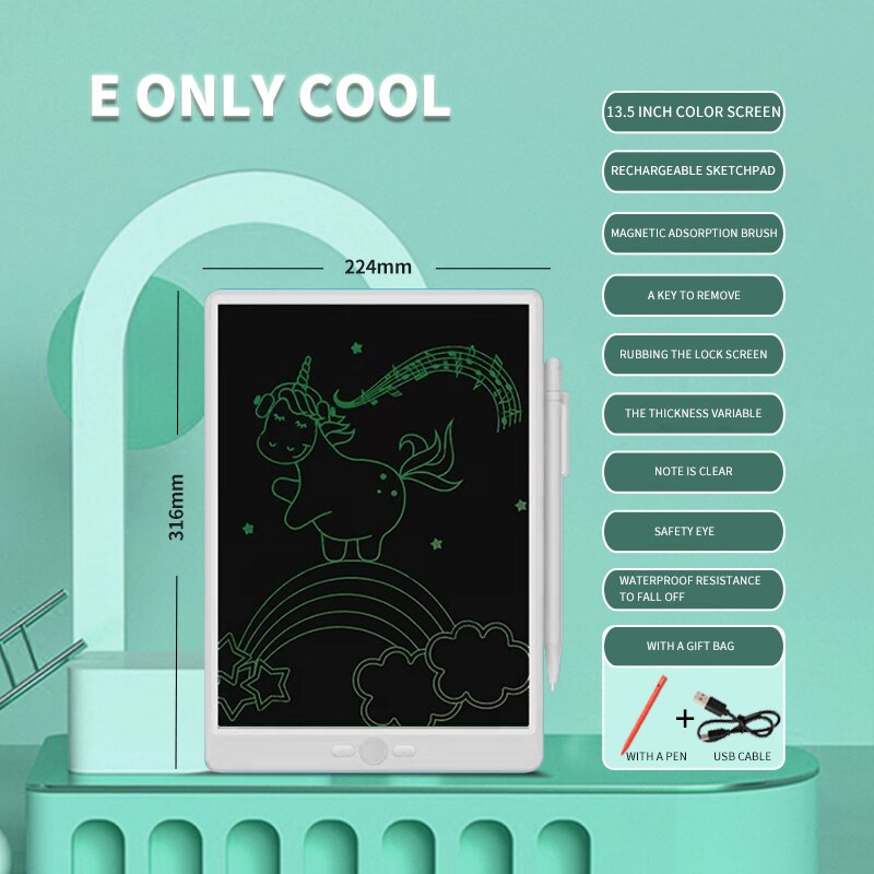 Rechargeable Graphics Tablet 13.5-Inch LCD Eye Protection Screen Anti Graphics Tablet Lightweight Portable Graphics Tablet: 13.5inh single white