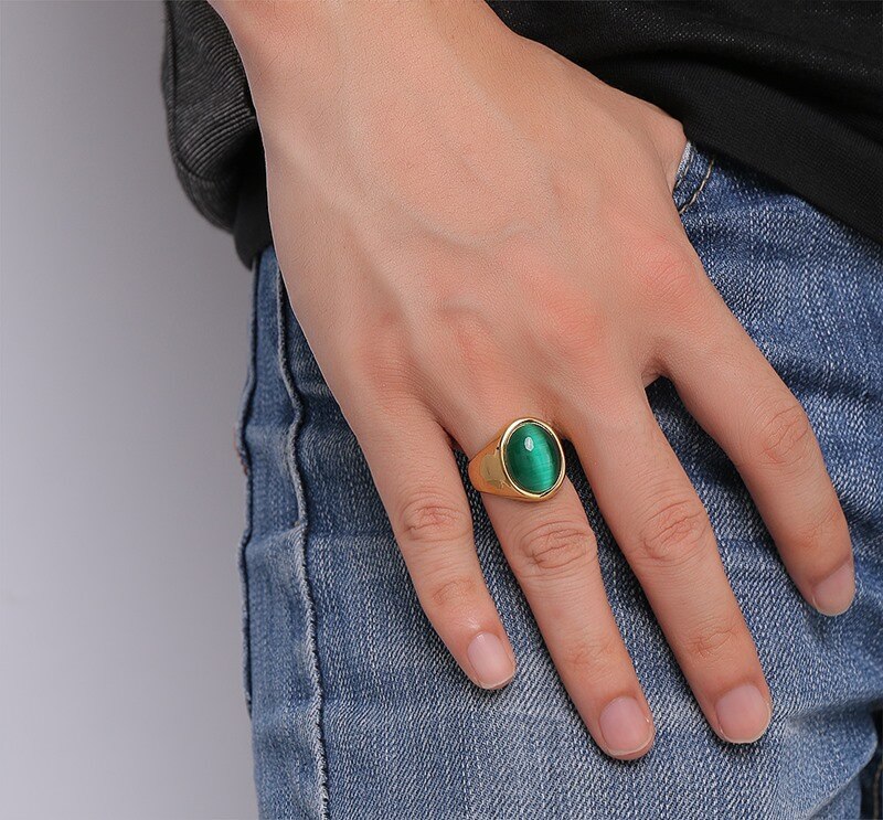 Vnox Mannen Groen Oval Cat 'S Eye Stone Ringen Rvs Gold Kleur Usa Maat