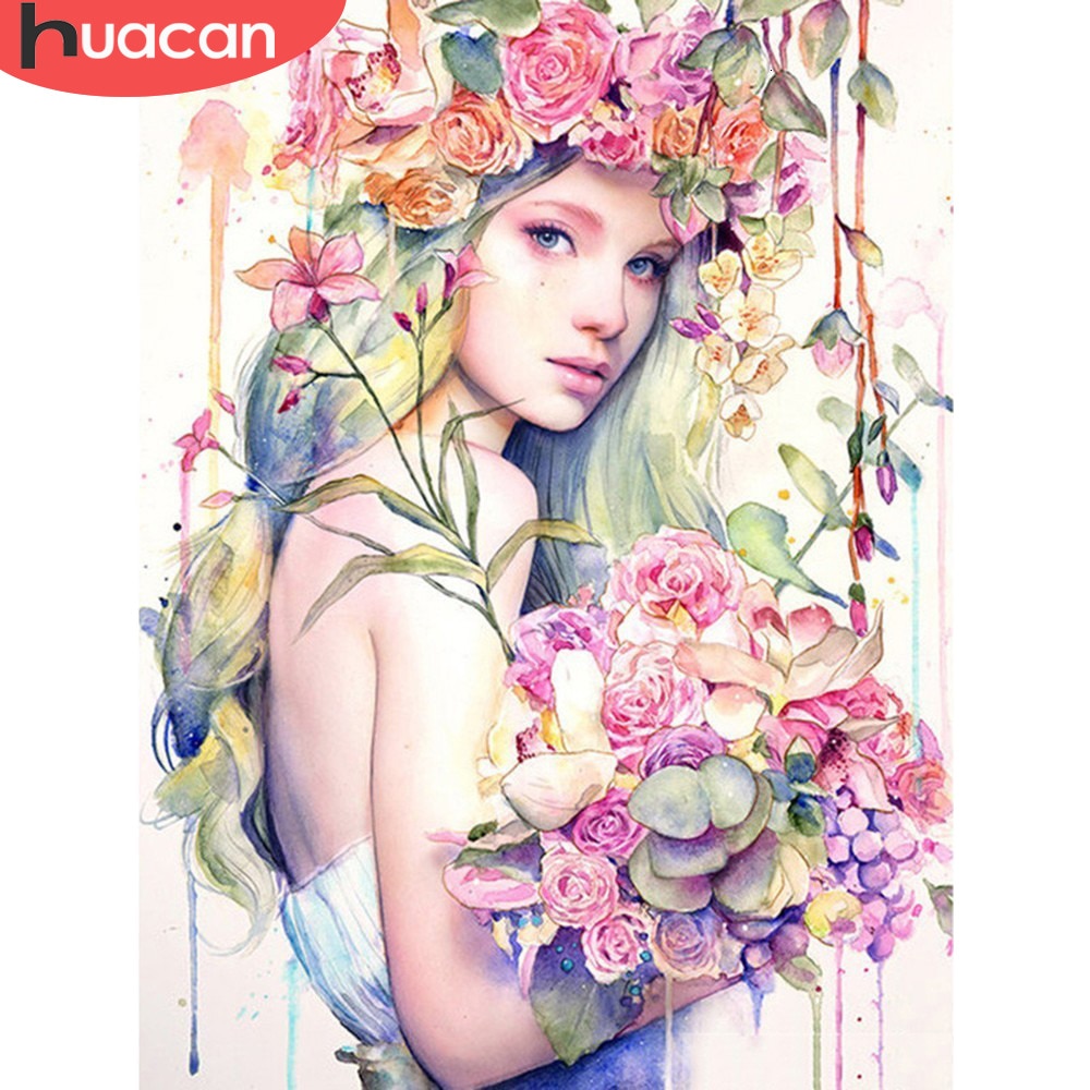 HUACAN Diamond Mosaic Portrait 5D DIY Diamond Painting Girl Picture Of Rhinestone Full Square Drill Diamond Embroidery Flower