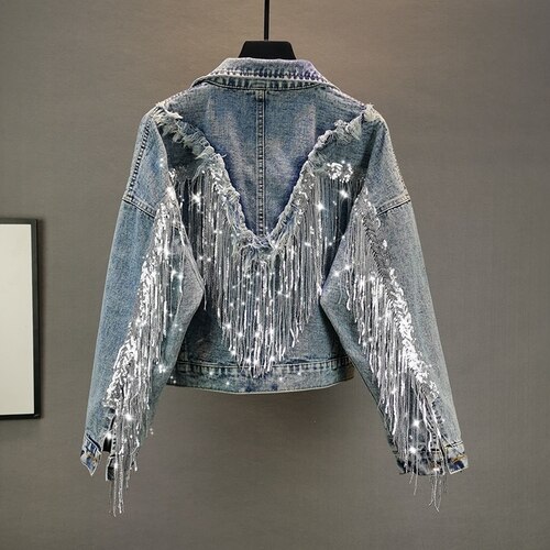 Chaqueta vaquera con Flecos para mujer, pantalón corto, suelto y delgado, Top ajustado, chaquetas con Flecos brillantes, traje de Rave: Azul / S