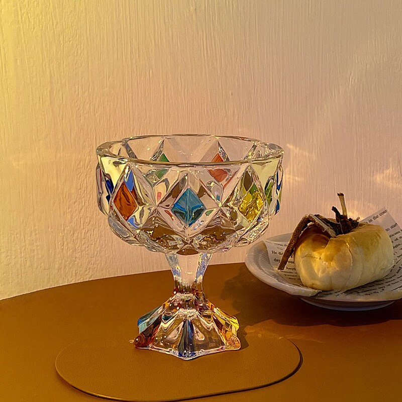 Regenboog Glans Geschilderd Dessert Cup Gevoel Glas Hoge Voet Snack Kom Kleur Glas Leuke Glas Cup