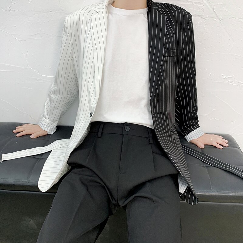 Men Half Black Half White Notch Lapel Striped Blazers Jacket Blazer Coat One Button