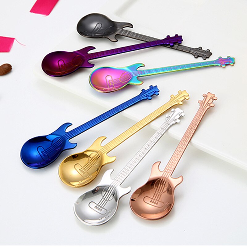 1pcs Stainless Steel Guitar Coffee Spoon Shaped Love Teaspoon Children Spoon 7 Colors Coffee Tea Use