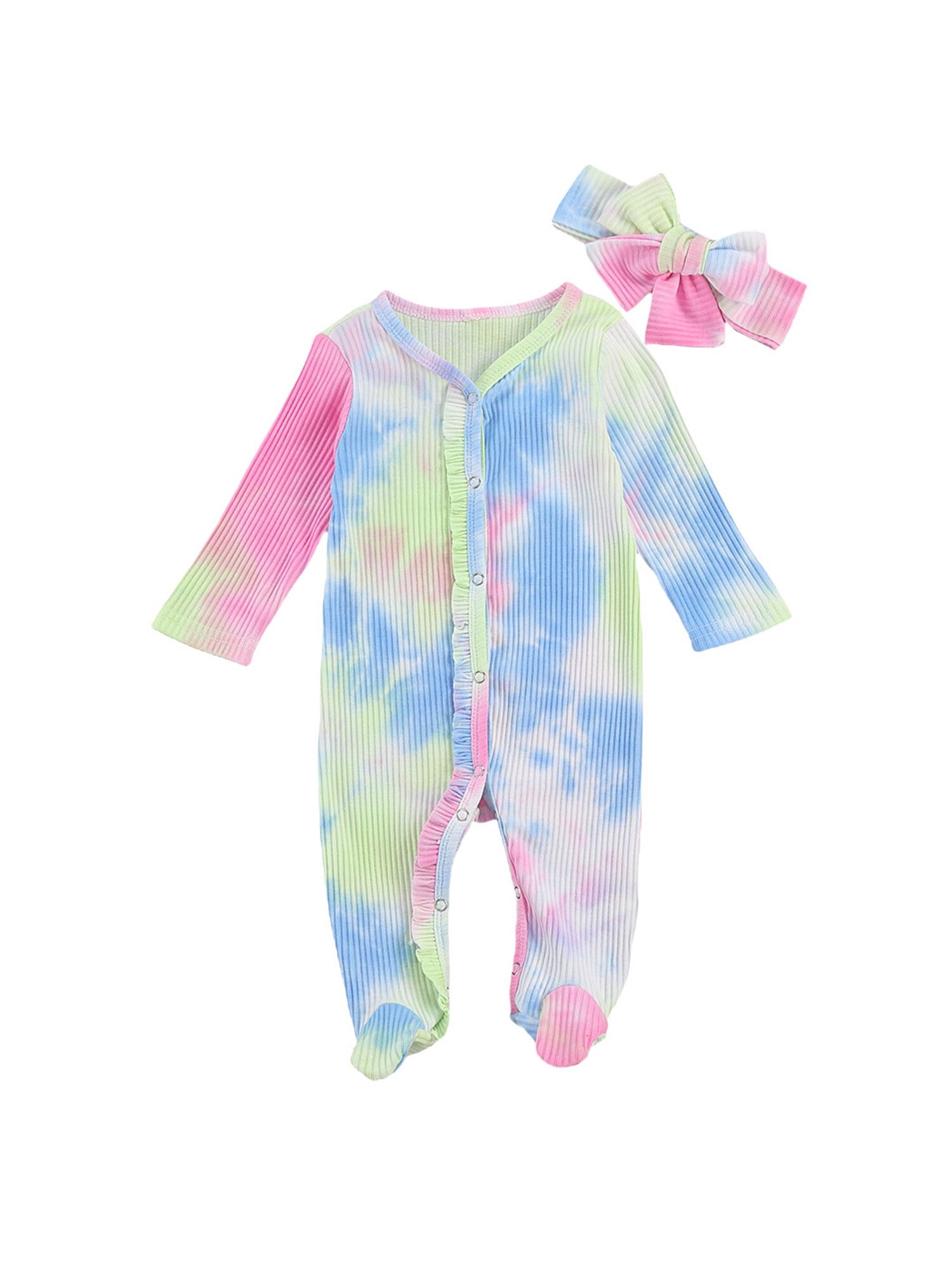 Newborn Infant Baby Boys Tie dye Romper Cotton Cute Cartoon Print Long Sleeve Jumpsuit+Hat 2 Pcs Toddler Baby Clothes Outfits: Blue / 60