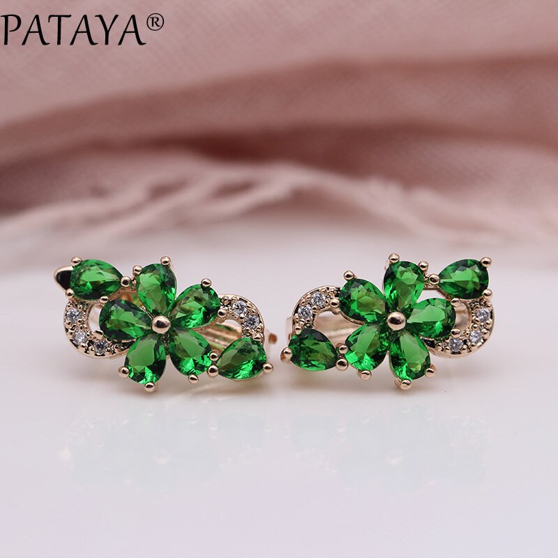 PATAYA Water Pruimenbloesem Dangle Oorbellen Vrouwen Mode Trendy Sieraden 585 Rose Goud Bloemblaadje Natuurlijke Zirkoon Blauw Oorbellen: Emerald