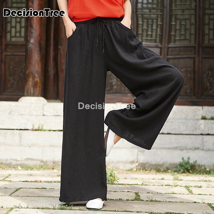 wide leg harem pants trousers chinese style streetwear women ethnic vintage elastic waist loose long cotton linen pants