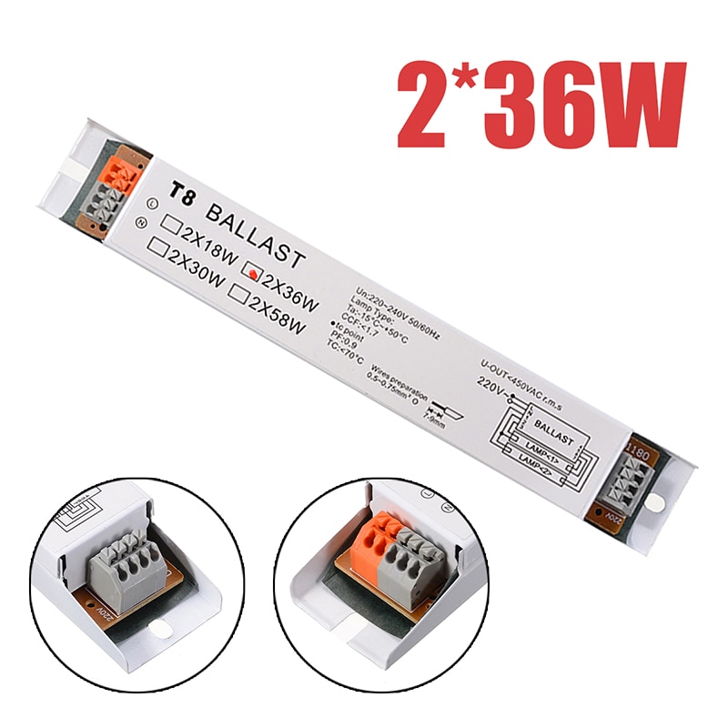 Balastro electrónico T8, lámpara fluorescente de 2x36W, accesorios de iluminación eléctrica, ahorro de energía, 50/60Hz, 1 ud.