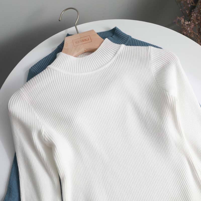 Hiver tricot pull pulls femmes à manches longues hauts col roulé tricoté pull Chic femme vêtements femme décontracté Streetwear: WHITE