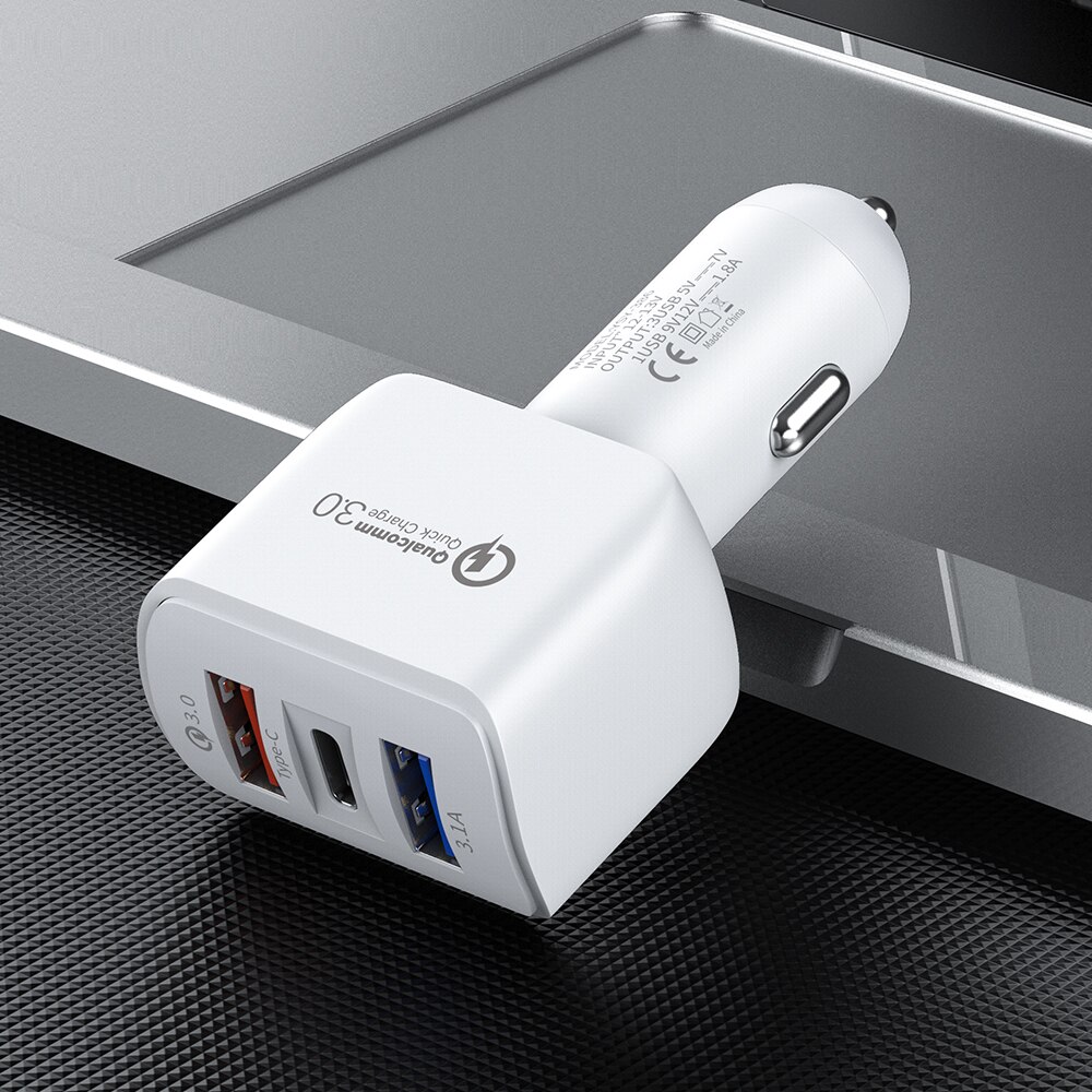 Chargeur rapide USB QC SCP Type C 3.1a, adaptateur de téléphone portable pour voiture, compatible avec Xiaomi Samsung iPhone 12 11 Pro 7 8 Plus: White