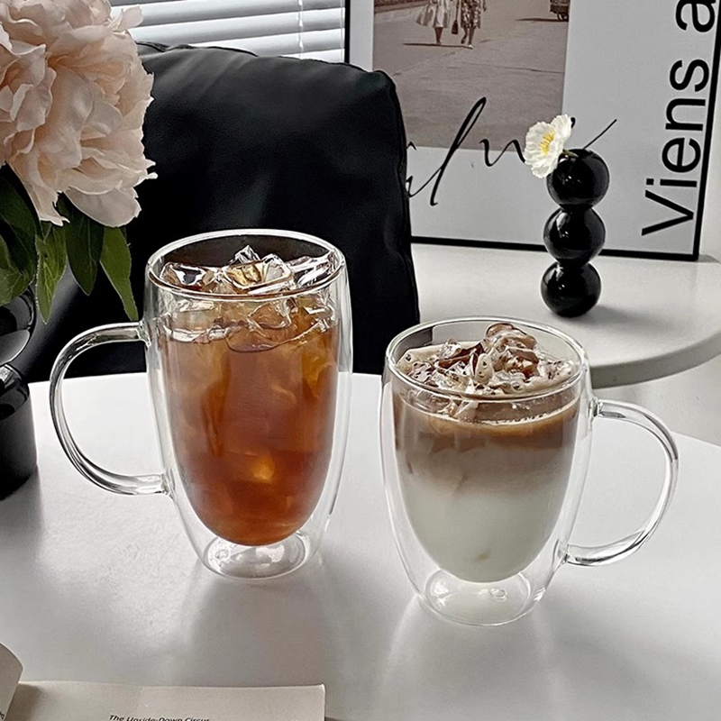 Glaskrus dobbeltvægget glaskaffekop med hank mælkevandskop klare kopper varmebestandige klare juiceølkopper glaskrus