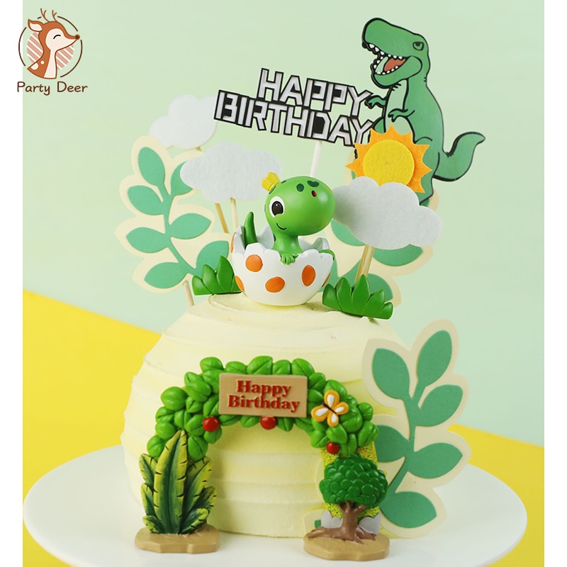 Söt äggskal dinosaurie tecknad baby dekoration lövsnöre archetree cake topper för barn födelsedagsfest tillbehör bakning