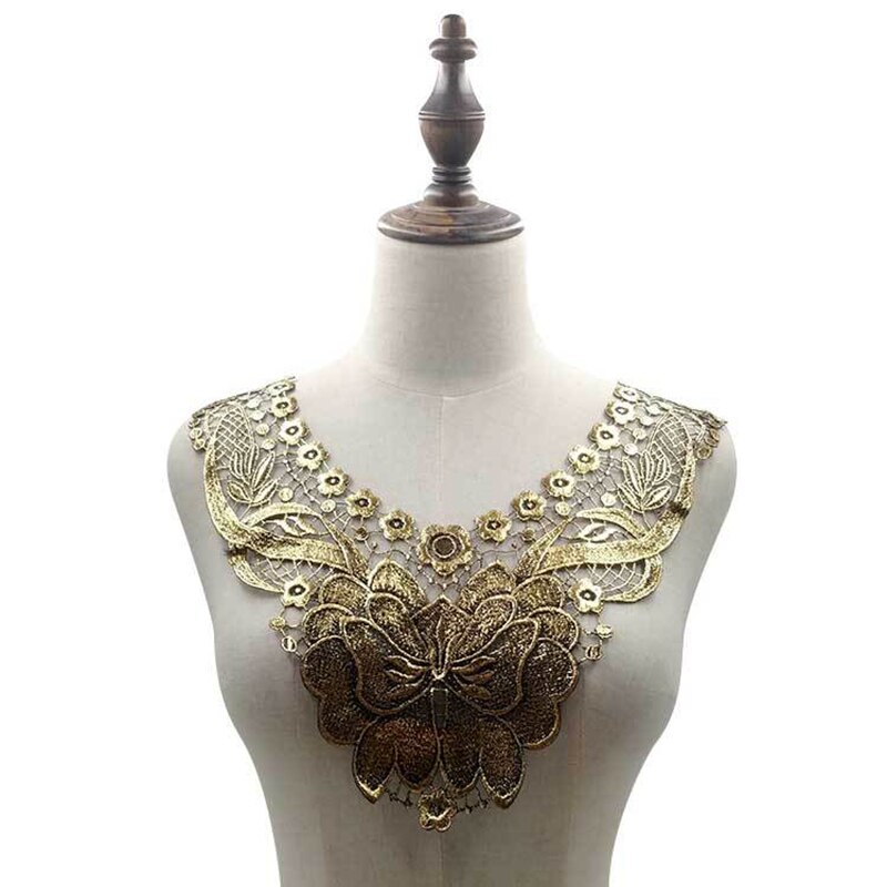 Blomsterblad broderi krave venise blonder blomster halsudskæring krave applikation trim og blonder stof sy forsyninger: Guld