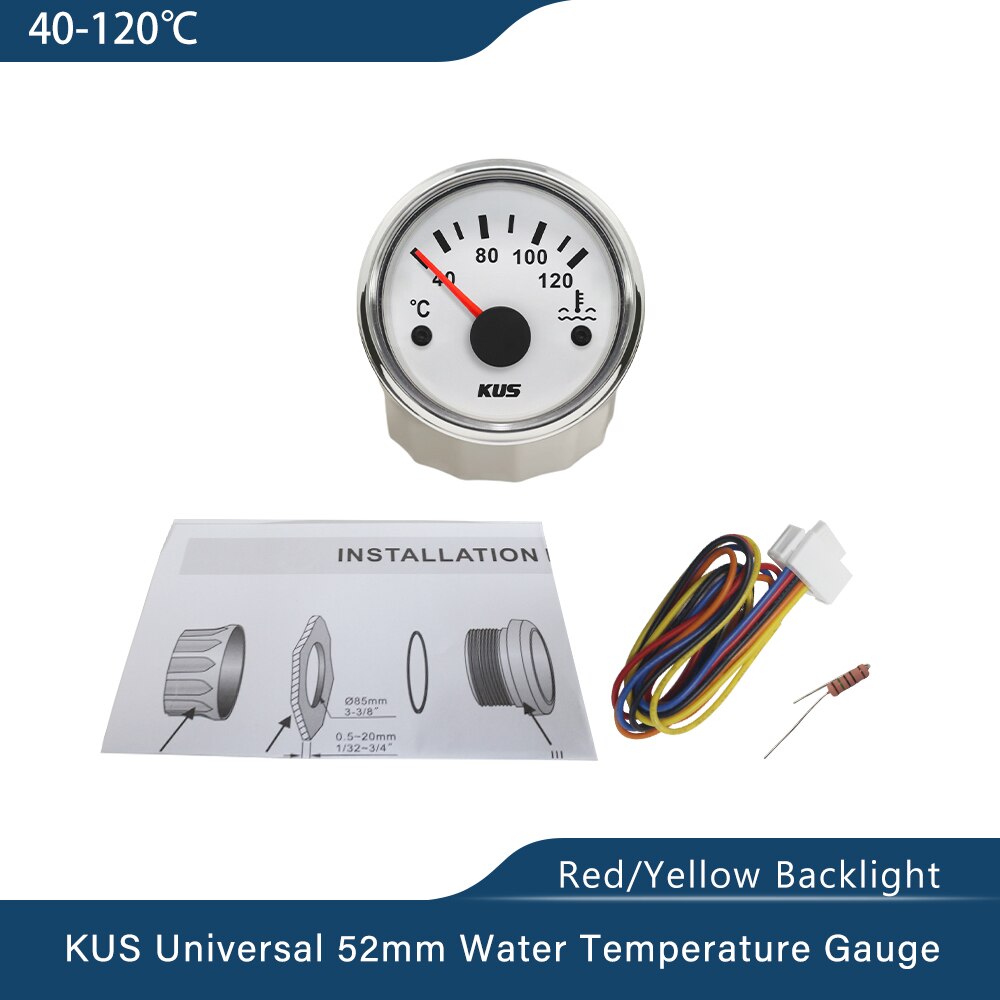KUS Universal 52mm(2") Car Water Temp Temperature Gauge Meter Indicator 40-120℃ 12V 24V Red Yellow Backlight Optional