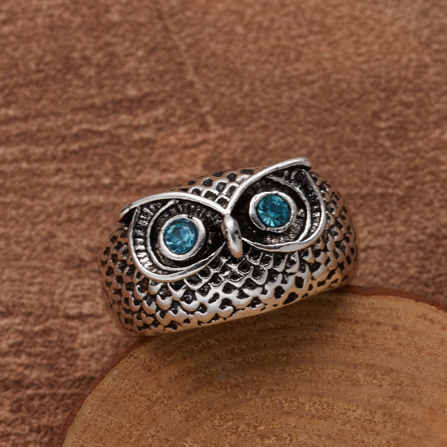 Anillos Retro Punk con forma de búho para hombre y mujer, joyería ajustable con personalidad, Ojos de cristal azul y rojo, Color plateado antiguo, anillo abierto: Color 2