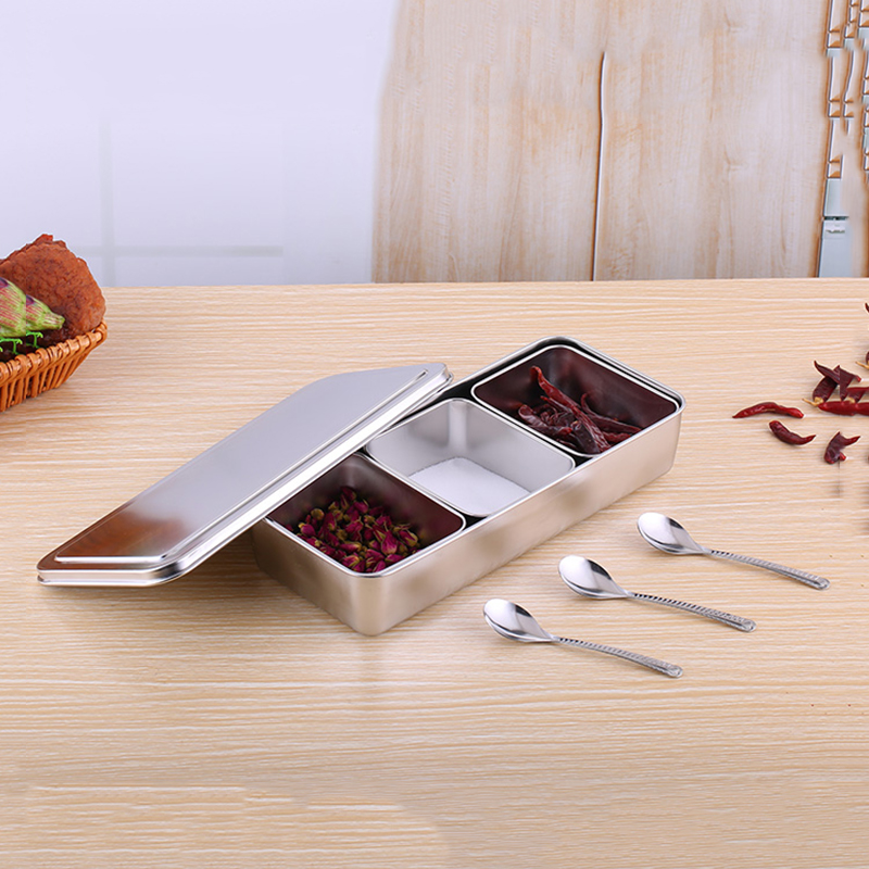 Kitchen Stainless Steel Square Seasoning Box with Lid Plastic Material Seasoning MSG Pepper Covered Salt Tank WJ903