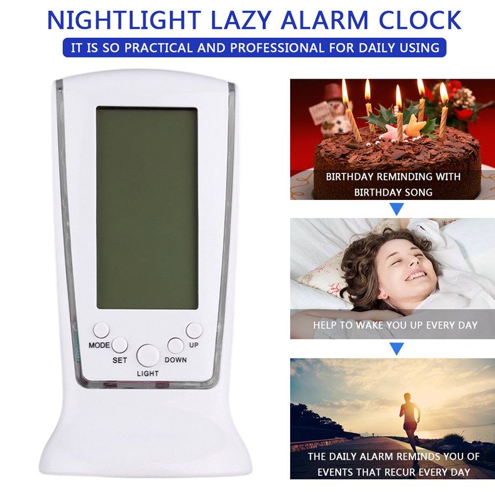 White Plastic Modern Square LCD Digital Alarm Clock Electronic Calender LED Display Battery Powered with Digital thermometer