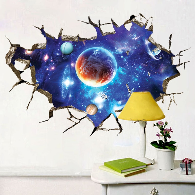 3D Cosmic Space planeet Gebroken muurstickers voor kinderen kamers slaapkamer nursery woondecoratie decals muurschilderingen Breken de muursticker