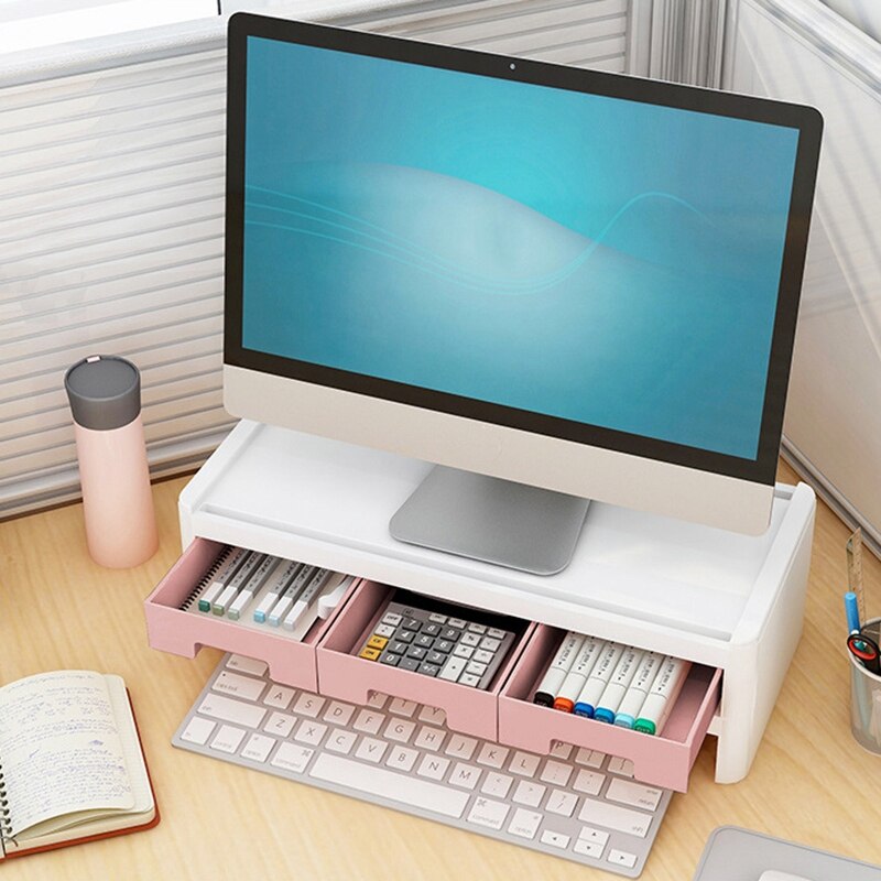 Desktop Computer Keyboard Lockers 2 Layers Monitor Stand Computer Monitor Riser Desk Organizers with Drawers