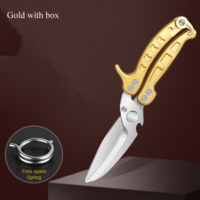 Detachable Kitchen Knife Scissors Powerful Chicken Bone Duck Fish Meat Fruit Shears Stainless Steel Clean Cooking For Kitchen: GOLD With Box
