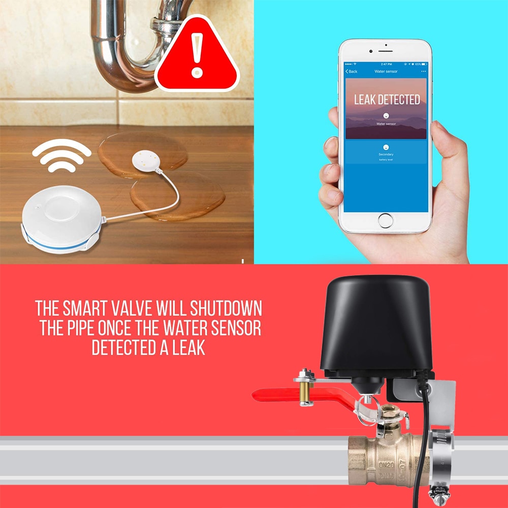 UseeLink Smart Wi-Fi water sensor used with valve controller to control water shut-off valve for flooding and leak detection