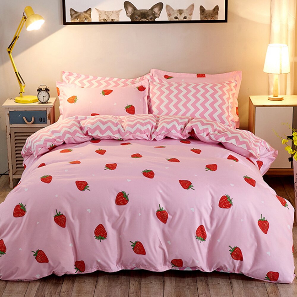 Modern Style 4pcs Flamingo Duvet Quilt Cover Pillowcases Bedding Set Single Double King Super: Strawberry / 180x220cm