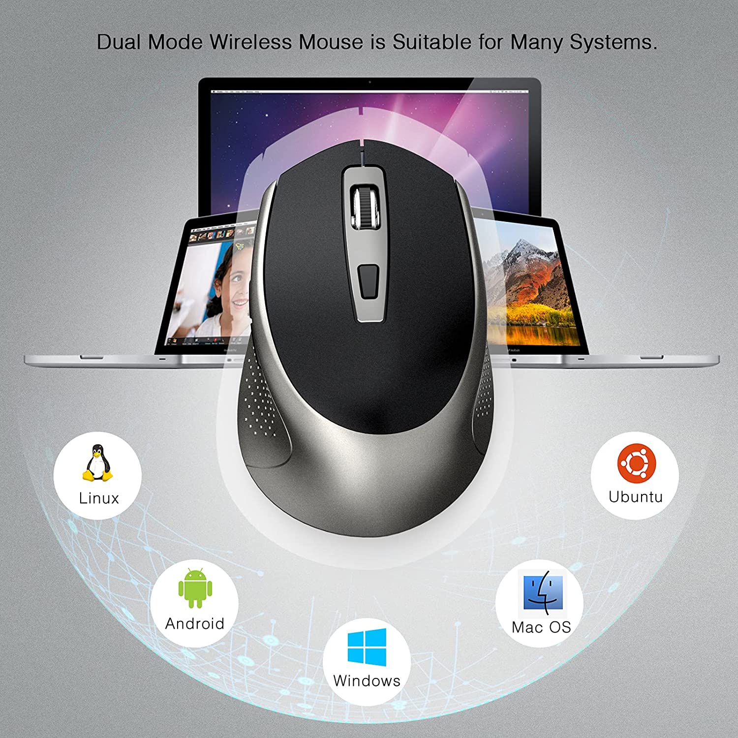 Mysz Bluetooth, bezprzewodowa mysz komputerowa z 6 przyciskami, 5 DPI i odbiornikiem USB, Laptop, Chromebook, PC, Macbook, ipad-black &amp; Grey