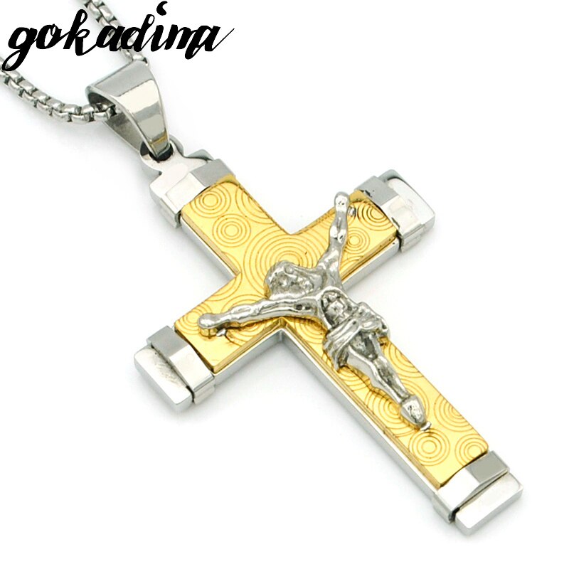 Party 316L Stainless Steel Jesus Cross Pendant Necklace Men Jewelry 20189 Round Pattern Crucifix Party Christmas P993: gold color