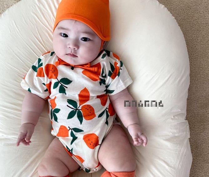 Zomer Baby Kids Korte Mouwen Fruit Gedrukt Bodysuit Jongens En Meisjes Bodysuit Met Hoed Kids Overalls Outfits: orange / 12m