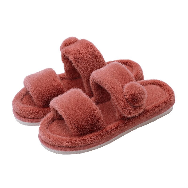 Winter Huis Effen Bont Slippers Voor Vrouwen Slaapkamer Warm Pluche Dames Platte Schoenen Comfortabele Indoor Vrouwen Furry Slipers: Red / 38