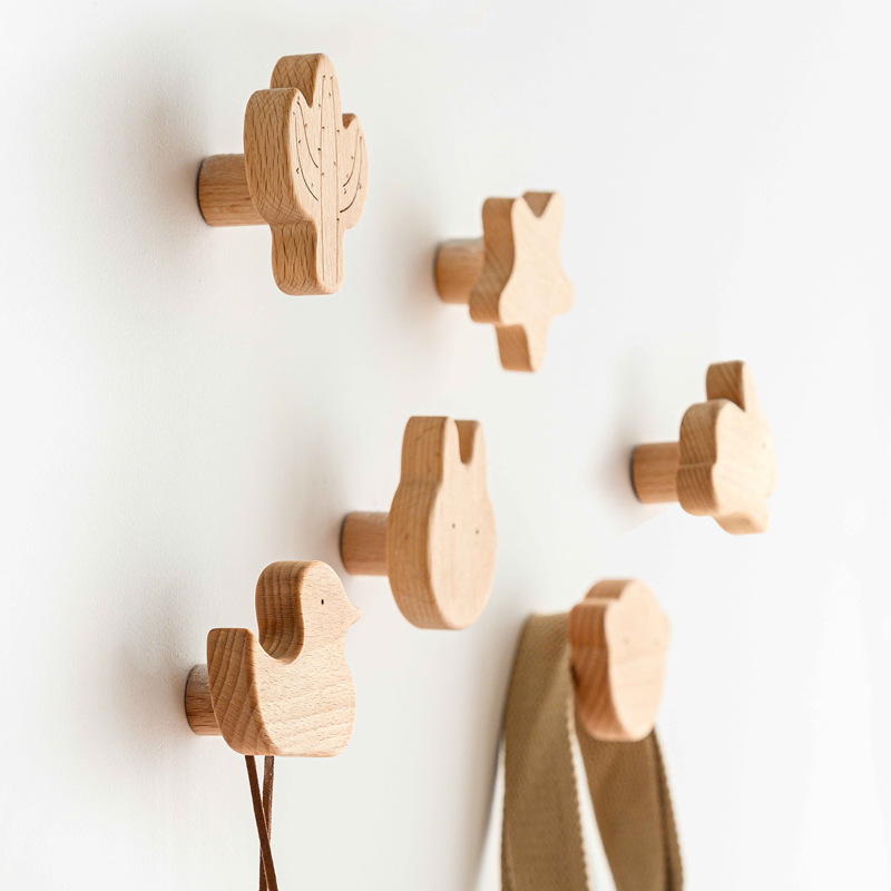 Ganchos de madera maciza para decoración de habitación, gancho de animales para colgar en la pared, gancho para llaves y abrigos, colgador de decoración del hogar, accesorios de baño y cocina, 1 Uds.
