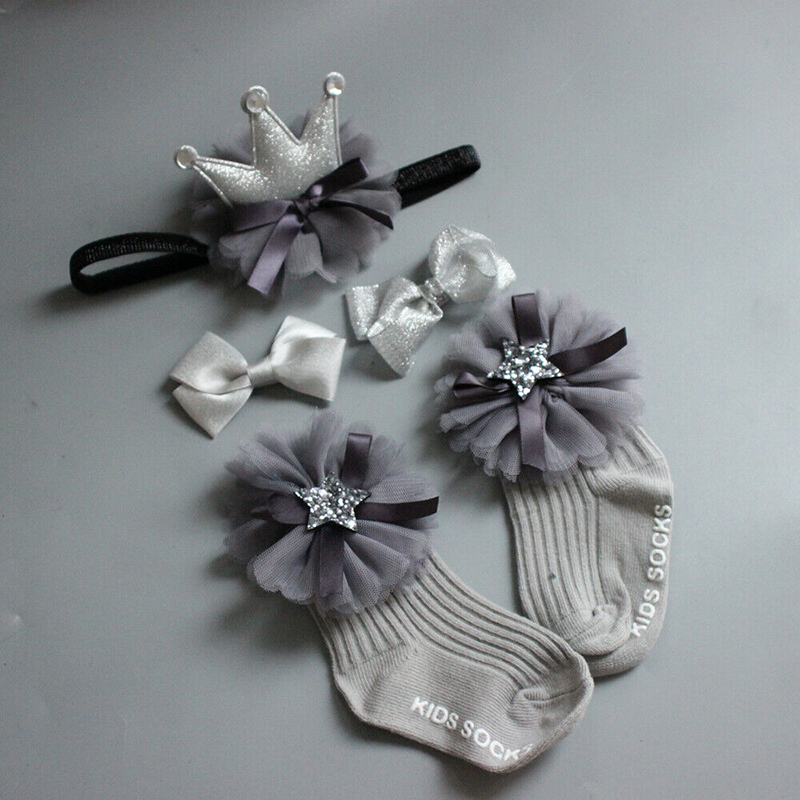 Newborn Baby Socks Headband Set Toddler Kids Crib Ankle Socks Hair Band Bow Hair Clip Set Princess Cute Lovely