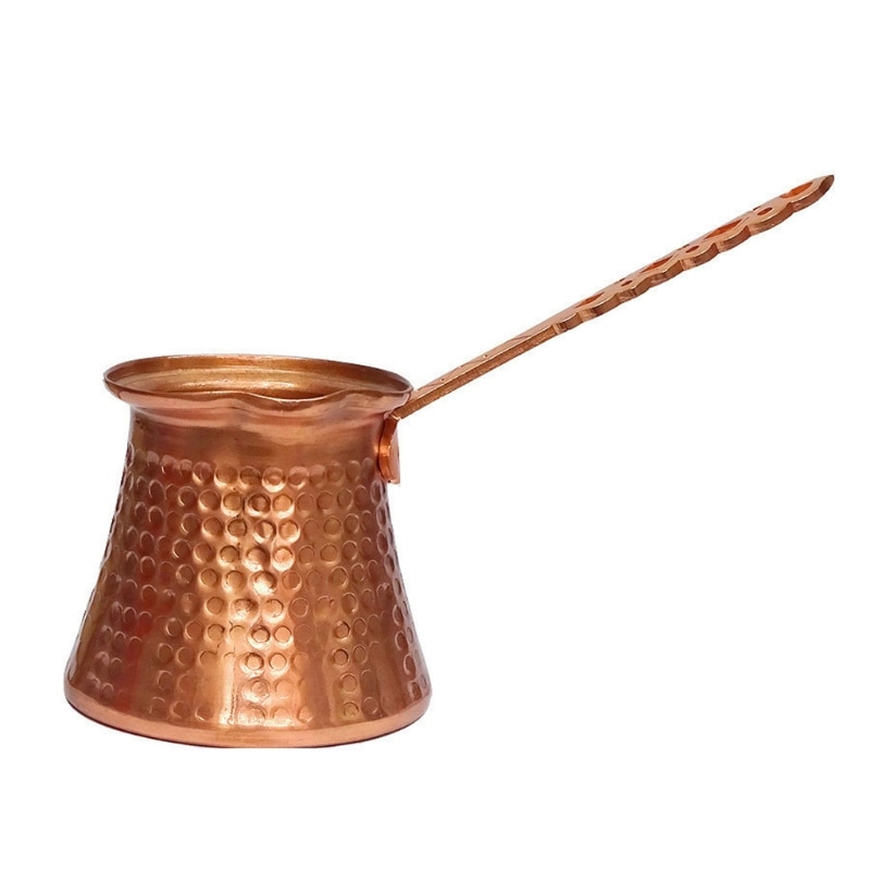 Turkse turkse koffiepot, turkse koffie, turkse koperen koffiezetapparaat voor turkse cezve, cafetaria, metalen handvat cevze