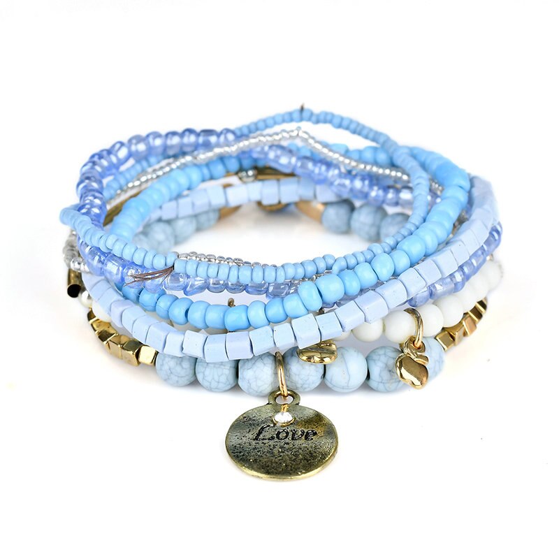 Bracelets à perles multicouches pour femmes, style bohème, couleur bonbon, bijoux avec lettres, pour petite amie, Bracelet à breloque d'amour: Blue