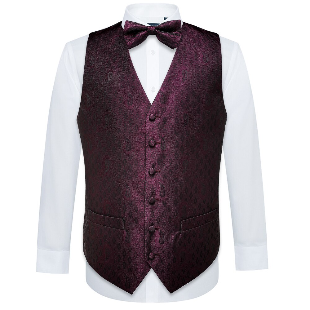 Mens Silk Waistcoat Vest Classic Red Paisley Suit Vest Jacquard Folral Handkerchief BowTie Handkerchief Set Barry.Wang