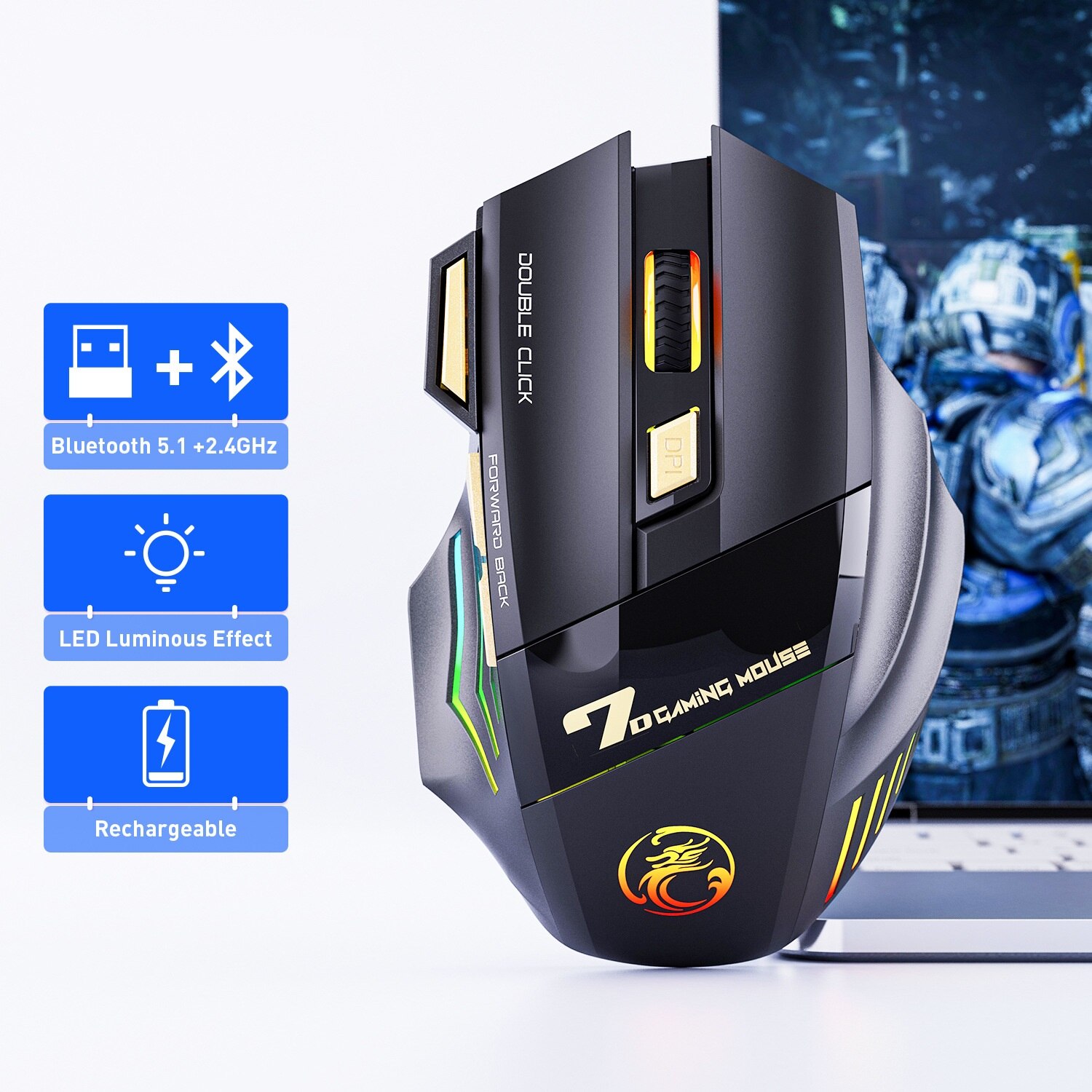 Wireless Gaming Mouse USB IMICE GW-X7 3200DPI Dual Mode Rechargeable 7 Keys 2.4Ghz Silent Mouse Bluetooth 7-color Breathing LED: WHITE