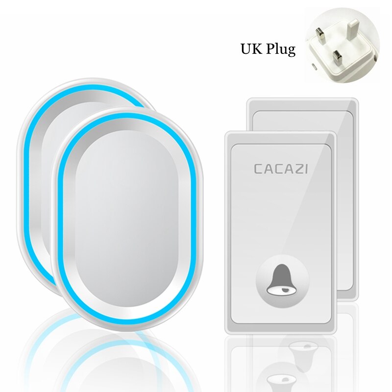 Självdriven trådlös dörrklocka inget batteri krävs vattentät 2 knappar 2 mottagare us eu uk plug smart hem ringklocka ring: Vit 2 x 2 uk