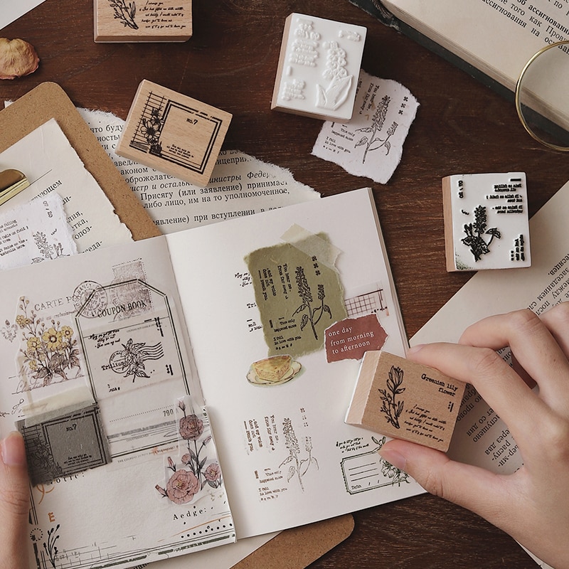 8 st/lot atlas av blommor och planserie stämpel diy trä gummistämplar för scrapbooking pappersvaror scrapbooking standard stämpel