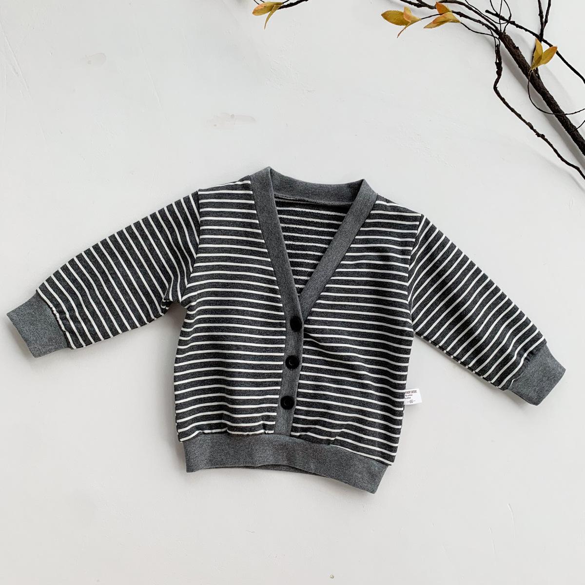 2022 Herfst Stijl Baby Kleding Peuter Jongens Lange Mouw Gestreepte Tops Kids Casual V-hals Trui Vest Jas Kleding: gray / 3T