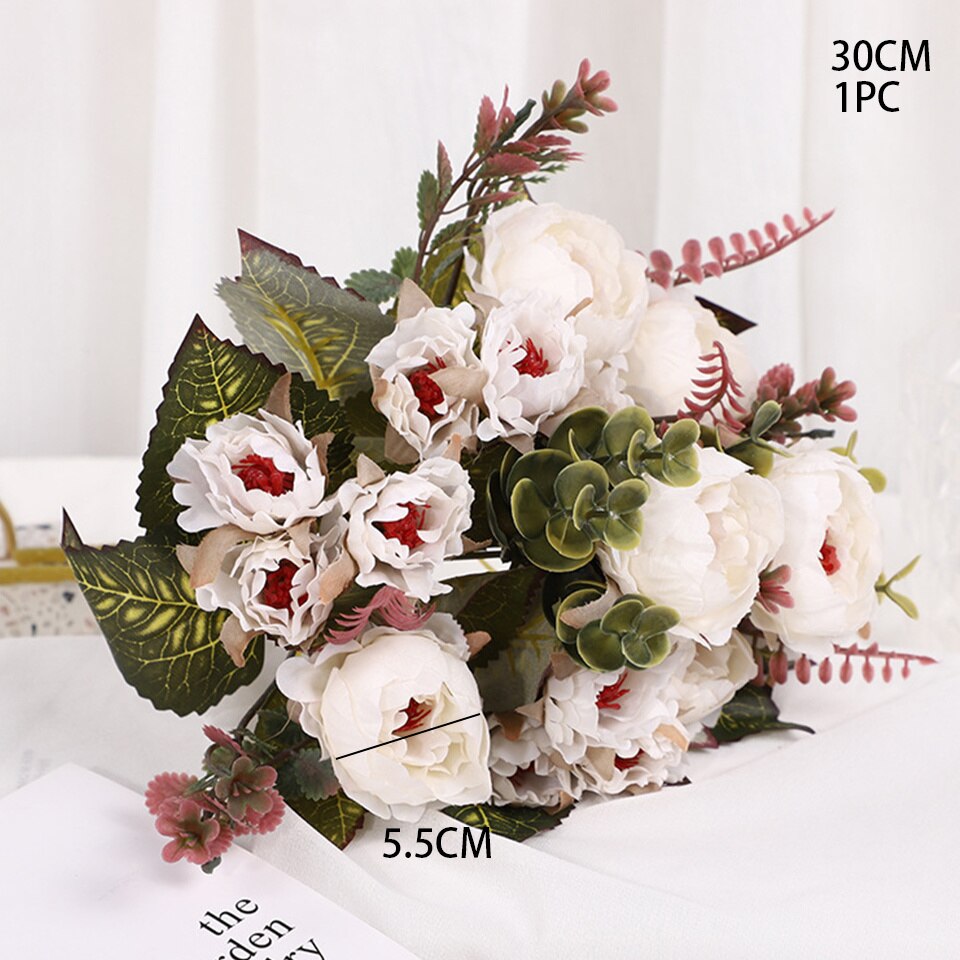 1 bukett kunstig mini peon blomster bukett 9 hoder peon blomster til hjemmet bord vise bryllup diy dekorasjon blomster: Hvit