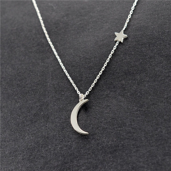 Collar de cadena Simple para mujer, collar de luna y estrella bañado en Oro y Plata para mujer y niña, joyería creciente #248953: Silver